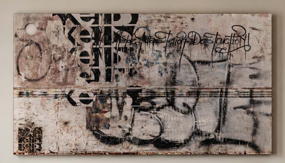 Putas sviluppa il linguaggio della calligrafia urbana attraverso una composizione monumentale e stratificata dove segni, abrasioni e sovrapposizioni costruiscono una superficie pittorica intensa e contemporanea. Il formato panoramico enfatizza la relazione tra scrittura, ritmo e spazio architettonico, mantenendo la tensione visiva tipica della ricerca di Kende.