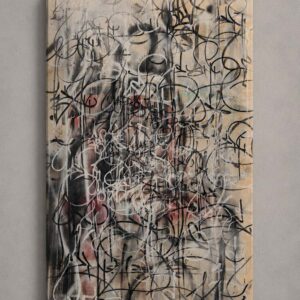 Bitch n.4 belongs to the series created in 2025 and develops the language of Italian urban calligraphy through a compact, visually dense horizontal format. The layered surface reveals the pictorial process and calligraphic gesture through close-up viewing, maintaining a strong material presence and compositional tension.
