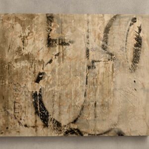 Part of the Graffiti History series, this work develops research into the visual memory of European writing through calligraphic signs, material, and compositional rhythm. The modular 100 x 100 cm format engages with the architectural space, maintaining continuity with the entire cycle. Produced in 2010 using mixed media on wood, the artwork is now in a private collection.