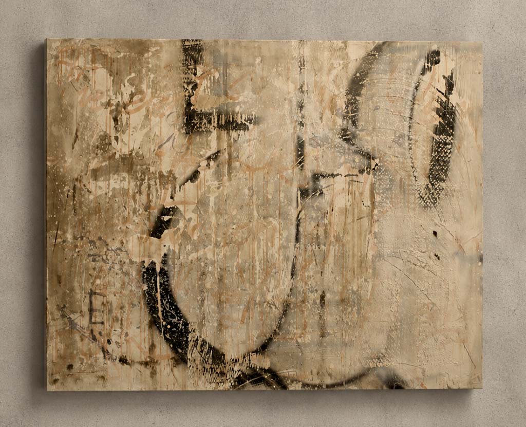 Parte della serie Graffiti History, quest’opera sviluppa una ricerca sulla memoria visiva della scrittura europea attraverso segni calligrafici, materia e ritmo compositivo. Il formato modulare 100 × 100 cm dialoga con lo spazio architettonico mantenendo continuità con l’intero ciclo. Realizzata nel 2010 in tecnica mista su legno, l’opera si trova oggi in una collezione privata.