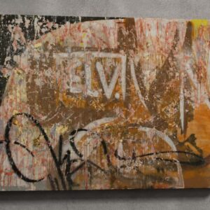 Part of the Graffiti History series, this work develops research into the visual memory of European writing through calligraphic signs, material, and compositional rhythm. The modular 100 x 100 cm format engages with the architectural space, maintaining continuity with the entire cycle. Produced in 2010 using mixed media on wood, the artwork is now in a private collection.