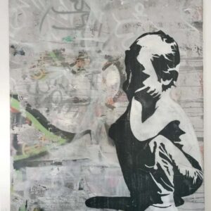 Created in 2010, Child combines calligraphic gesture, material layering, and figurative presence within a visual space inspired by the contemporary urban environment. The figure of the child appears isolated and silent, in contrast to the surface marked by writings, erasures, and painterly traces.